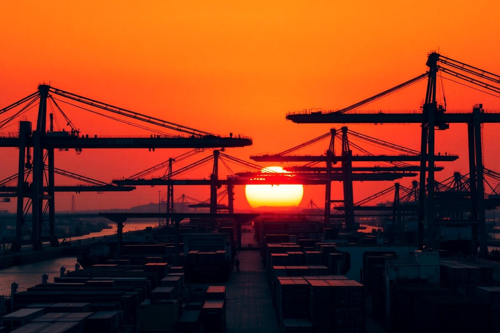 Port operations at sunset